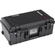Pelican 1535 Air carry-on case in black, closed three-quarter view with rolling wheels and trolley handle